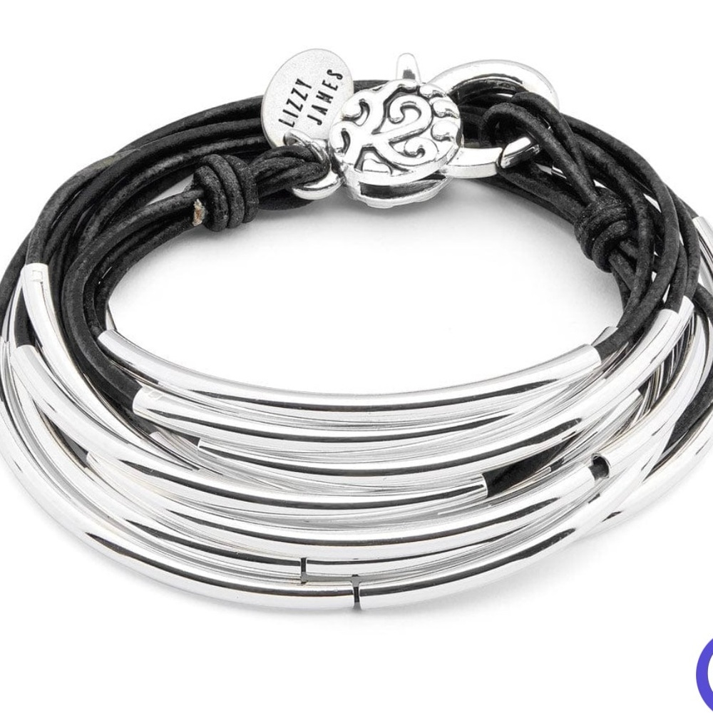 4 Strand Lizzy James Black Leather Wrap Bracelet with Silver Crescents Classic